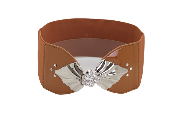 Brand New Women High Waist Hip Wide Elastic Brown Belt Silver Metal Leaf Buckle Size S M
