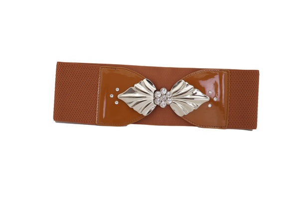 Brand New Women High Waist Hip Wide Elastic Brown Belt Silver Metal Leaf Buckle Size S M