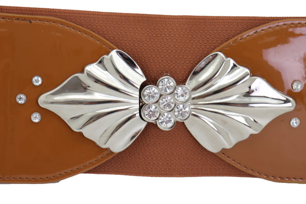 Brand New Women High Waist Hip Wide Elastic Brown Belt Silver Metal Leaf Buckle Size S M