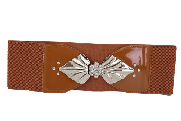Brand New Women High Waist Hip Wide Elastic Brown Belt Silver Metal Leaf Buckle Size S M