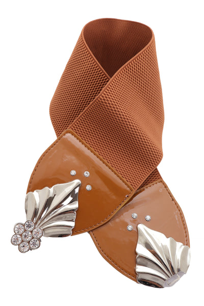 Brand New Women High Waist Hip Wide Elastic Brown Belt Silver Metal Leaf Buckle Size S M