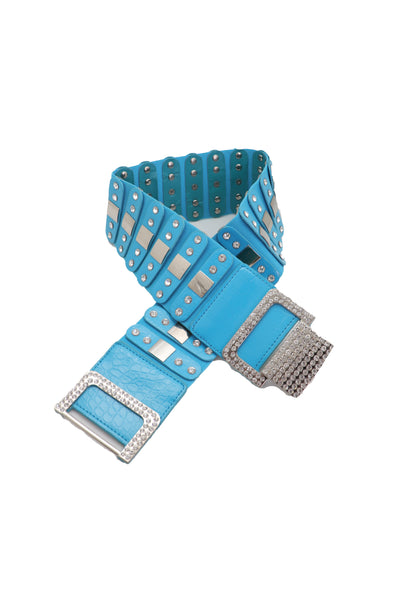 Brand New Women Blue Elastic Waistband Fashion Silver Metal Square Buckle Belt M L