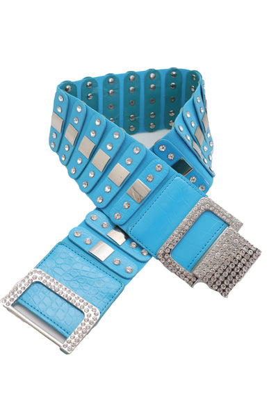 Brand New Women Blue Elastic Waistband Fashion Silver Metal Square Buckle Belt M L