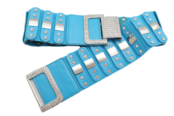 Brand New Women Blue Elastic Waistband Fashion Silver Metal Square Buckle Belt M L