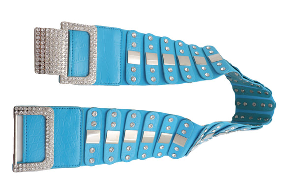 Brand New Women Blue Elastic Waistband Fashion Silver Metal Square Buckle Belt M L