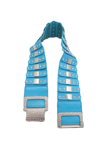 Brand New Women Blue Elastic Waistband Fashion Silver Metal Square Buckle Belt M L