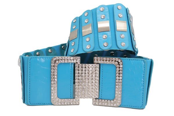 Brand New Women Blue Elastic Waistband Fashion Silver Metal Square Buckle Belt M L