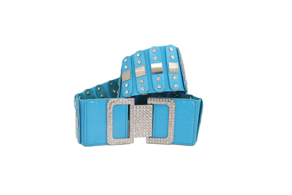 Brand New Women Blue Elastic Waistband Fashion Silver Metal Square Buckle Belt M L