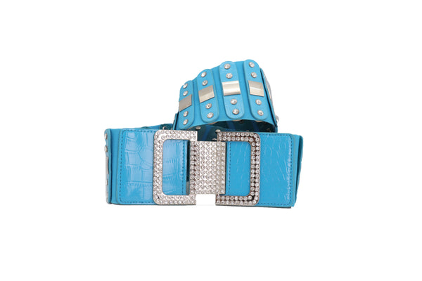 Brand New Women Blue Elastic Waistband Fashion Silver Metal Square Buckle Belt M L