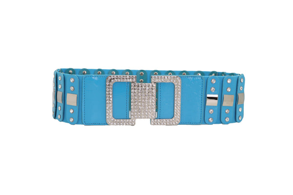 Brand New Women Blue Elastic Waistband Fashion Silver Metal Square Buckle Belt M L
