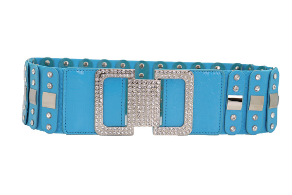 Brand New Women Blue Elastic Waistband Fashion Silver Metal Square Buckle Belt M L