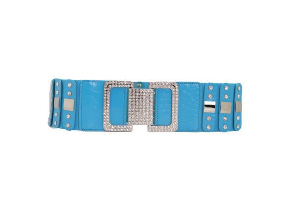 Brand New Women Blue Elastic Waistband Fashion Silver Metal Square Buckle Belt M L