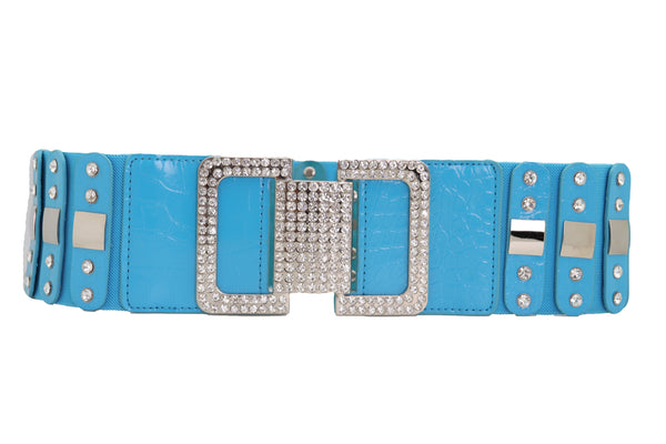 Brand New Women Blue Elastic Waistband Fashion Silver Metal Square Buckle Belt M L