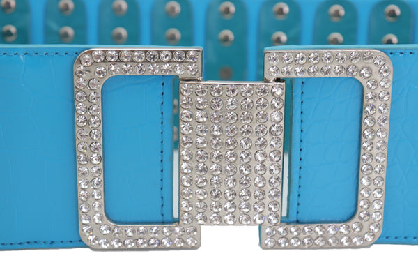 Brand New Women Blue Elastic Waistband Fashion Silver Metal Square Buckle Belt M L