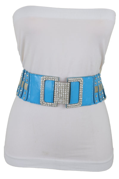 Brand New Women Blue Elastic Waistband Fashion Silver Metal Square Buckle Belt M L