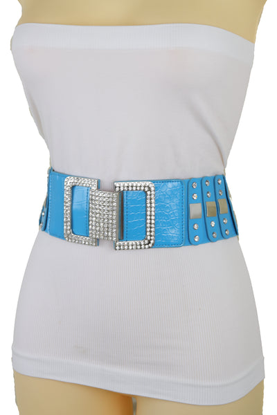 Brand New Women Blue Elastic Waistband Fashion Silver Metal Square Buckle Belt M L
