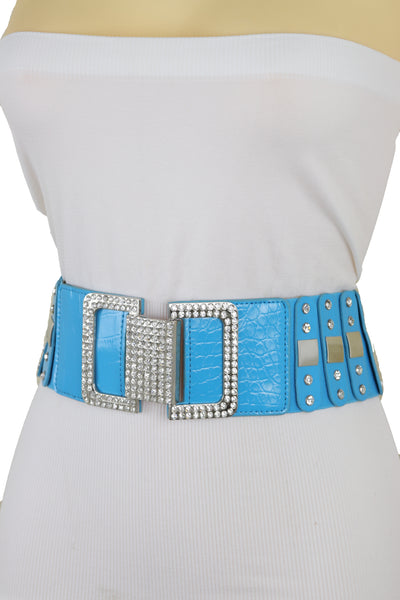 Brand New Women Blue Elastic Waistband Fashion Silver Metal Square Buckle Belt M L