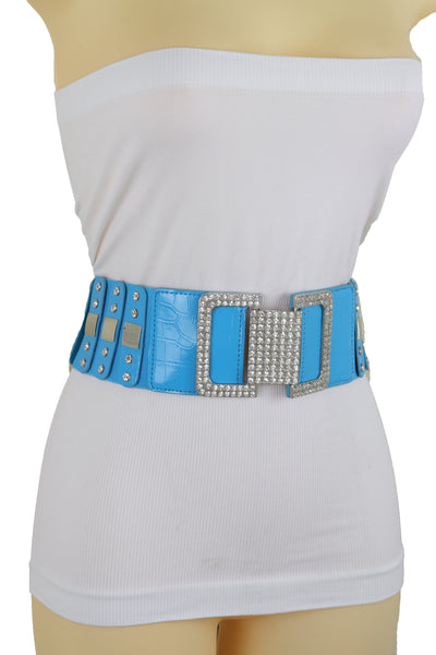 Brand New Women Blue Elastic Waistband Fashion Silver Metal Square Buckle Belt M L