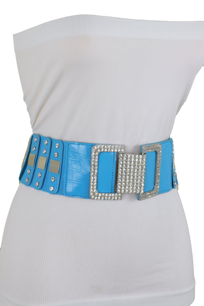 Brand New Women Blue Elastic Waistband Fashion Silver Metal Square Buckle Belt M L