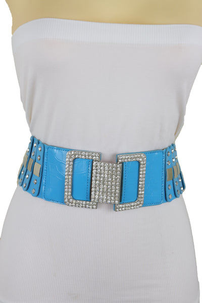 Brand New Women Blue Elastic Waistband Fashion Silver Metal Square Buckle Belt M L