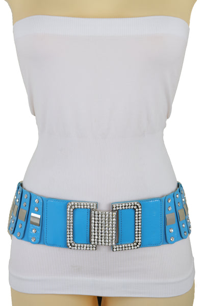 Brand New Women Blue Elastic Waistband Fashion Silver Metal Square Buckle Belt M L