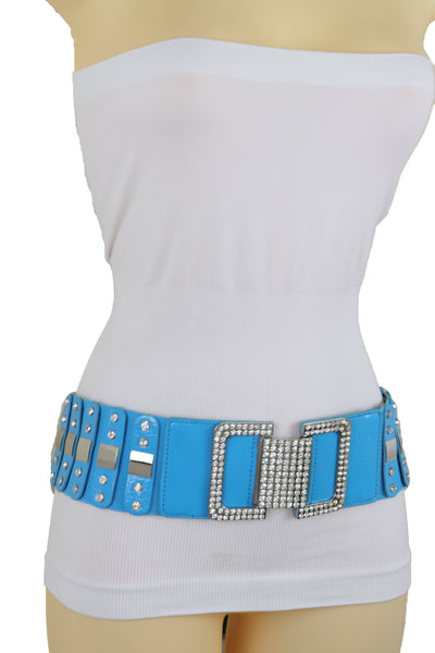 Brand New Women Blue Elastic Waistband Fashion Silver Metal Square Buckle Belt M L