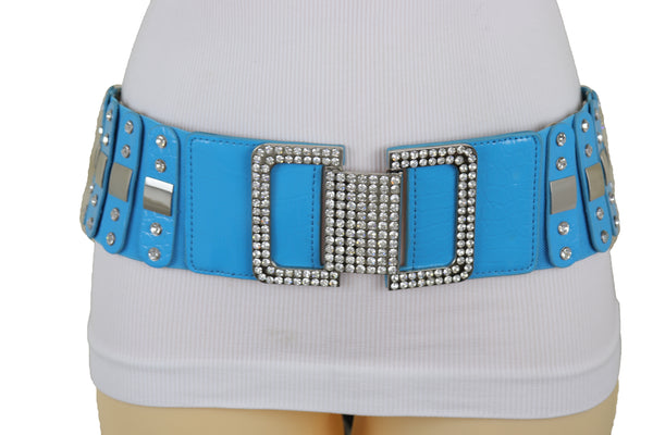 Brand New Women Blue Elastic Waistband Fashion Silver Metal Square Buckle Belt M L