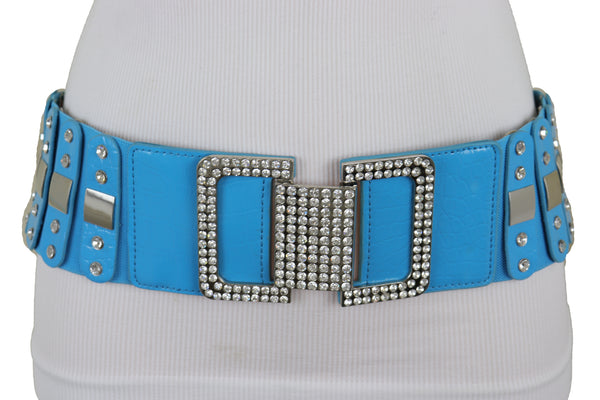Brand New Women Blue Elastic Waistband Fashion Silver Metal Square Buckle Belt M L