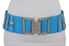 Blue Elastic Waistband Fashion Silver Metal Square Buckle Belt M L