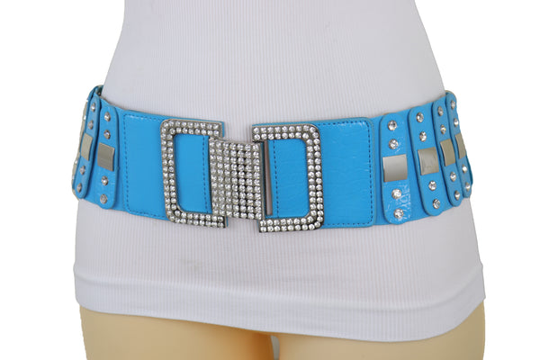 Brand New Women Blue Elastic Waistband Fashion Silver Metal Square Buckle Belt M L