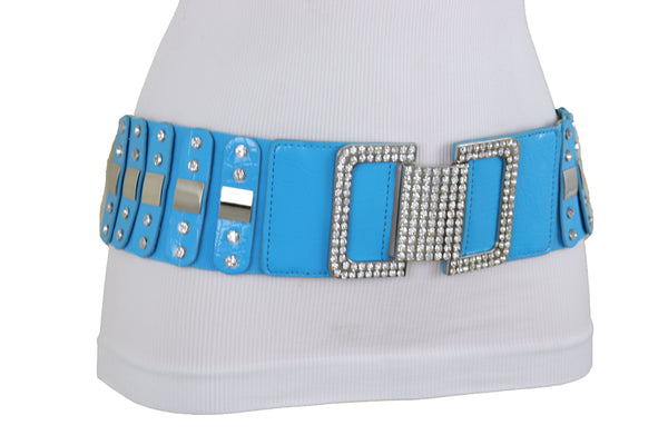Brand New Women Blue Elastic Waistband Fashion Silver Metal Square Buckle Belt M L