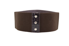 Wide Faux Leather Dark Brown Elastic Band Belt Silver Bling Squares Size S M