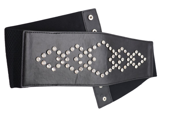 Brand New Women Wide Faux Leather Black Elastic Belt Squares S M