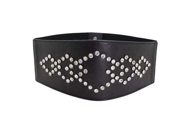 Brand New Women Wide Faux Leather Black Elastic Belt Squares S M