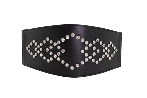 Brand New Women Wide Faux Leather Black Elastic Belt Squares S M