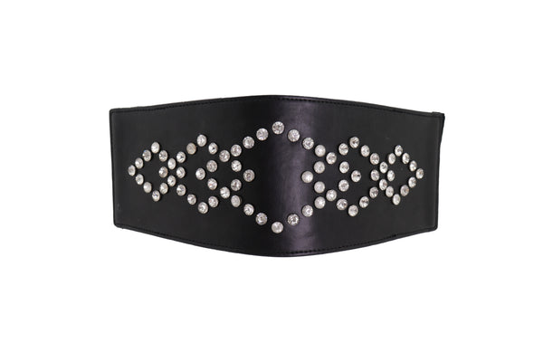 Brand New Women Wide Faux Leather Black Elastic Belt Squares S M