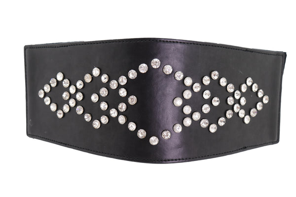 Brand New Women Wide Faux Leather Black Elastic Belt Squares S M
