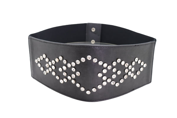 Brand New Women Wide Faux Leather Black Elastic Belt Squares S M