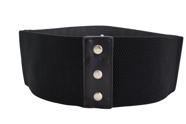 Brand New Women Wide Faux Leather Black Elastic Belt Squares S M