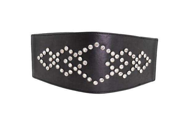 Brand New Women Wide Faux Leather Black Elastic Belt Squares S M