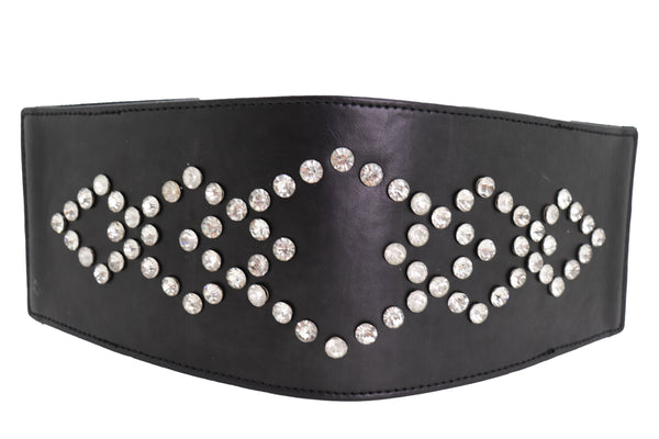 Brand New Women Wide Faux Leather Black Elastic Belt Squares S M