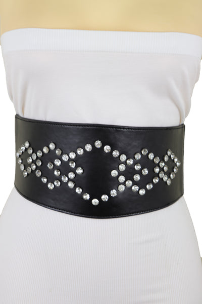 Brand New Women Wide Faux Leather Black Elastic Belt Squares S M