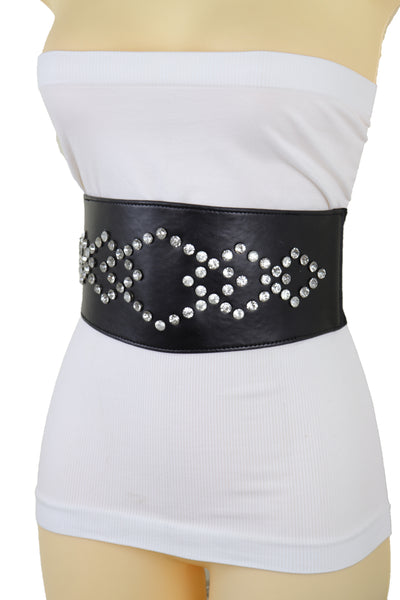 Brand New Women Wide Faux Leather Black Elastic Belt Squares S M