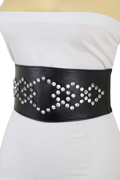 Brand New Women Wide Faux Leather Black Elastic Belt Squares S M