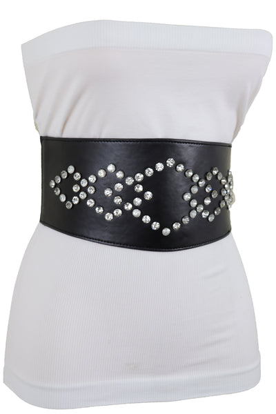 Brand New Women Wide Faux Leather Black Elastic Belt Squares S M