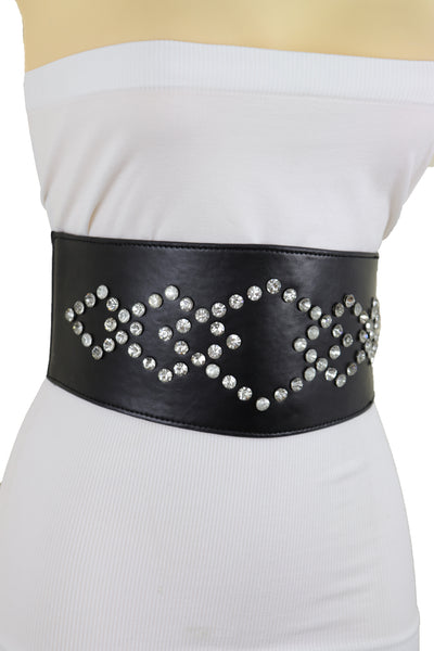 Brand New Women Wide Faux Leather Black Elastic Belt Squares S M