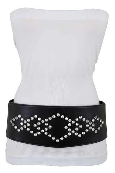 Brand New Women Wide Faux Leather Black Elastic Belt Squares S M
