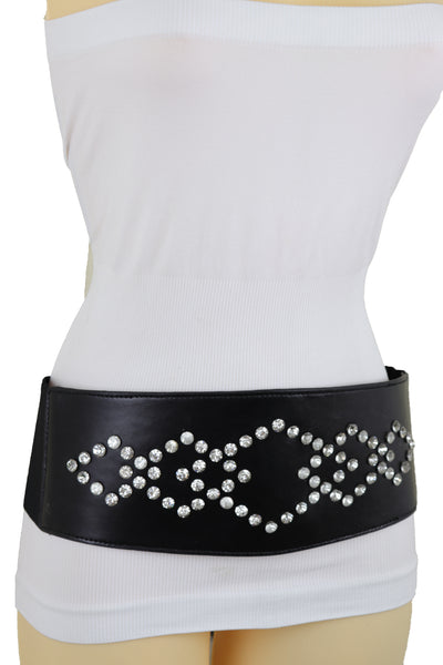 Brand New Women Wide Faux Leather Black Elastic Belt Squares S M