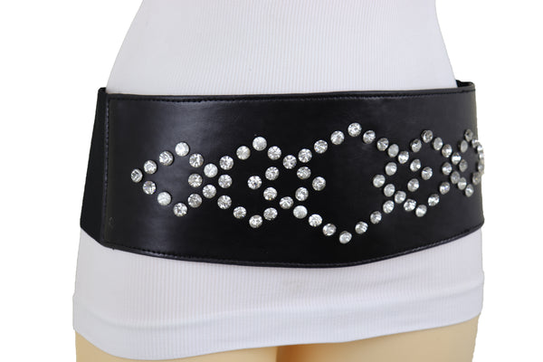 Brand New Women Wide Faux Leather Black Elastic Belt Squares S M