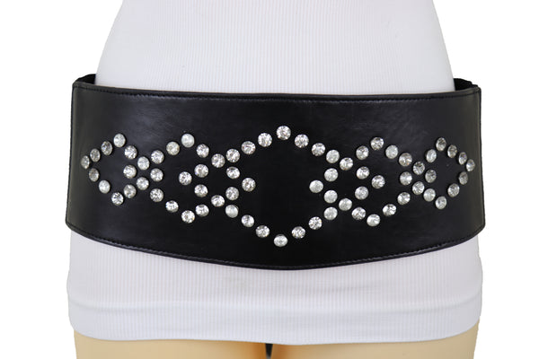 Brand New Women Wide Faux Leather Black Elastic Belt Squares S M
